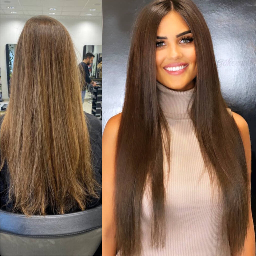 Hand-tied weft hair extensions before and after