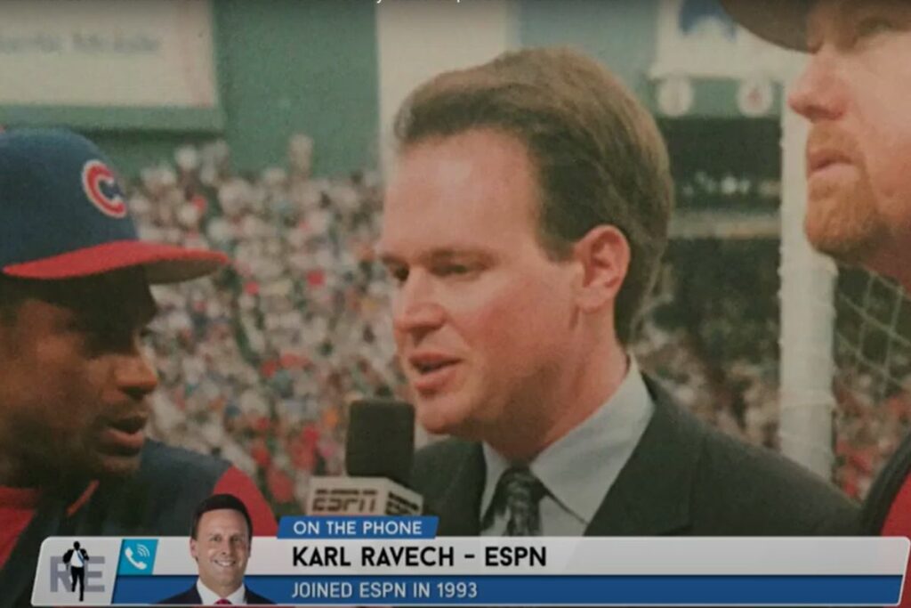 Karl Ravechs Hair 1993: standing at a stadium being interviewed his hairline looking normal but quite high