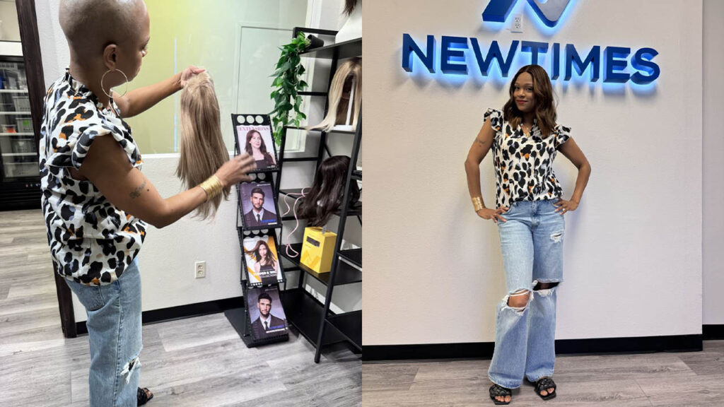 client is trying a wig on at Newtimes Hair US