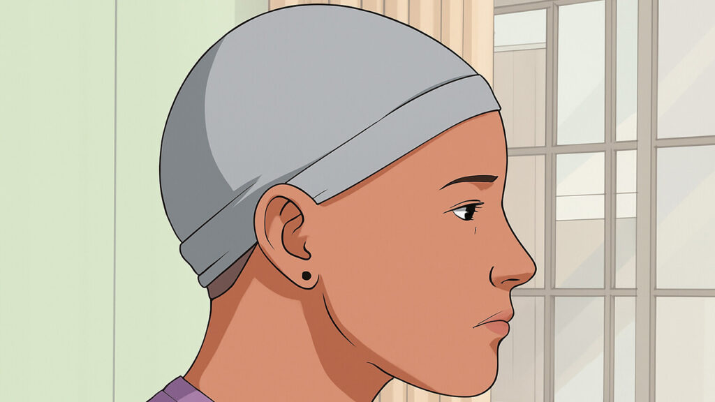 Wearing a stocking cap for the wig