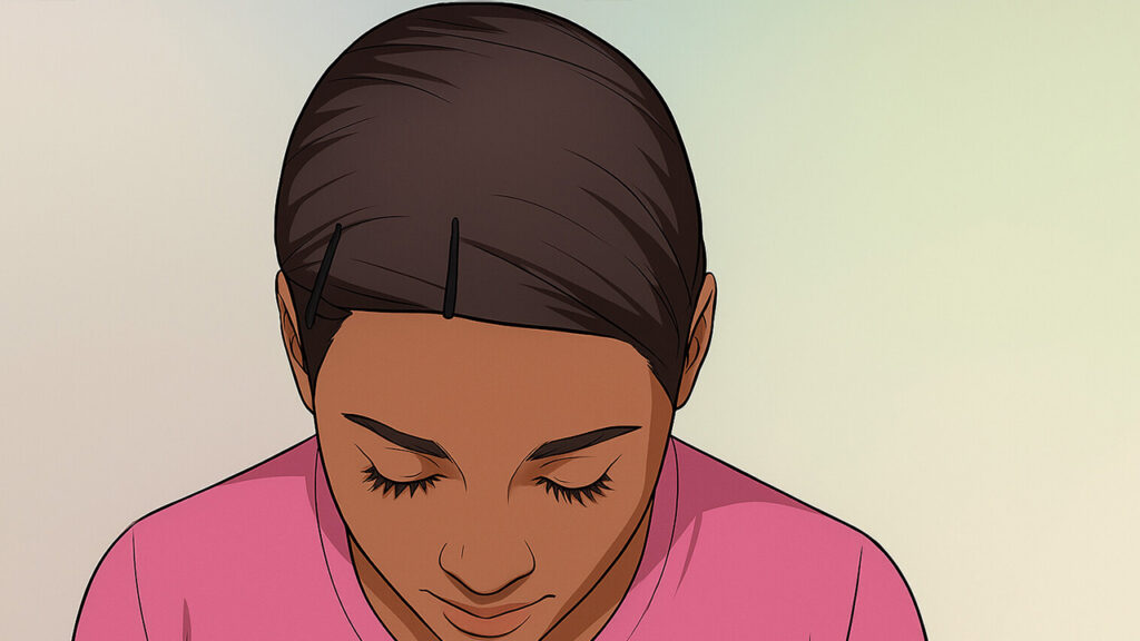 Hair flattened with bobby pins for th wig